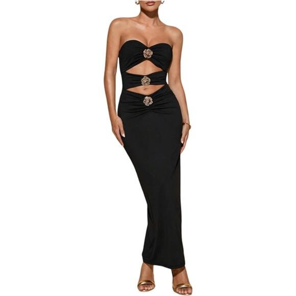 Dresses & Skirts - Women's Metal Flower Cut Out Strapless Tube Top Dress Sleeveless